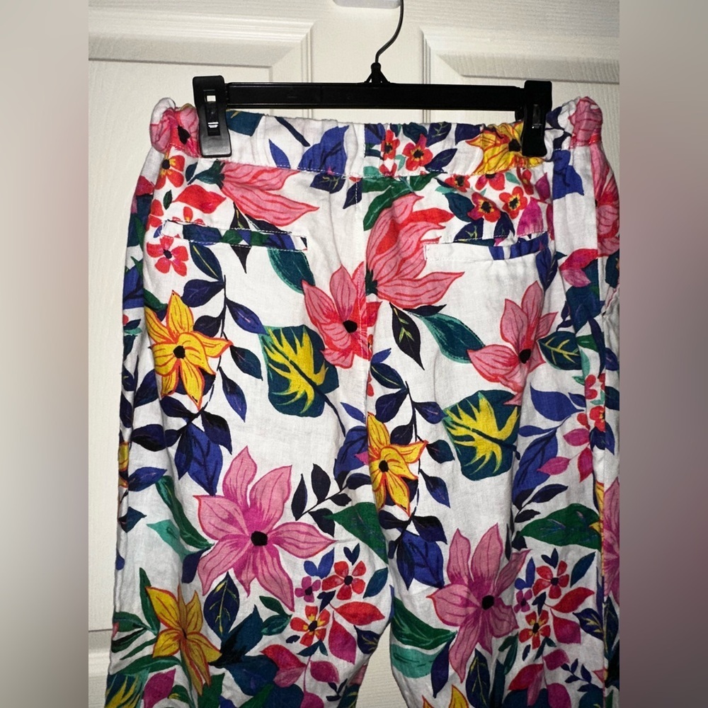 C&C California Multicolor Floral Linen Pants drawstring elastic L vacation - Picture 6 of 7